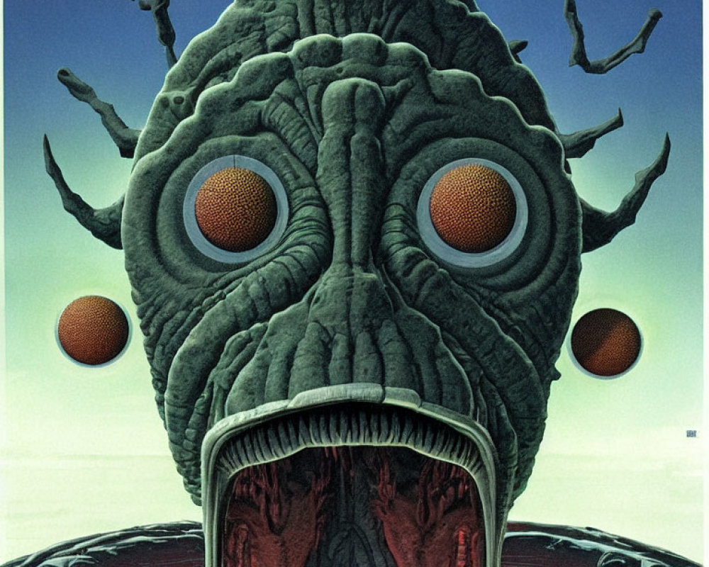 Illustrated monster with multiple eyes and tentacles on sky background