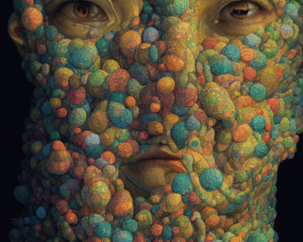 Colorful patterned spheres obscure person's face in close-up shot