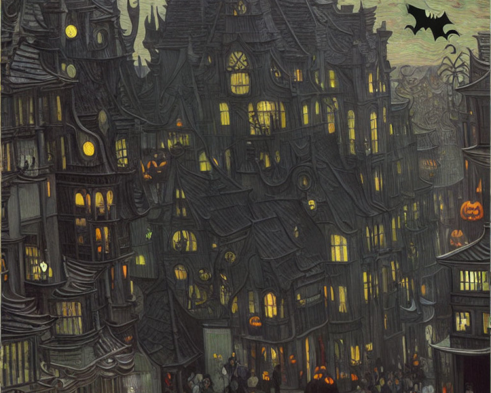 Gothic-style buildings at night with Halloween decorations and costumed revelers.