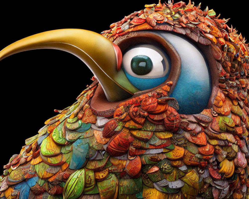 Vibrant bird with big eye and leaf-covered beak.