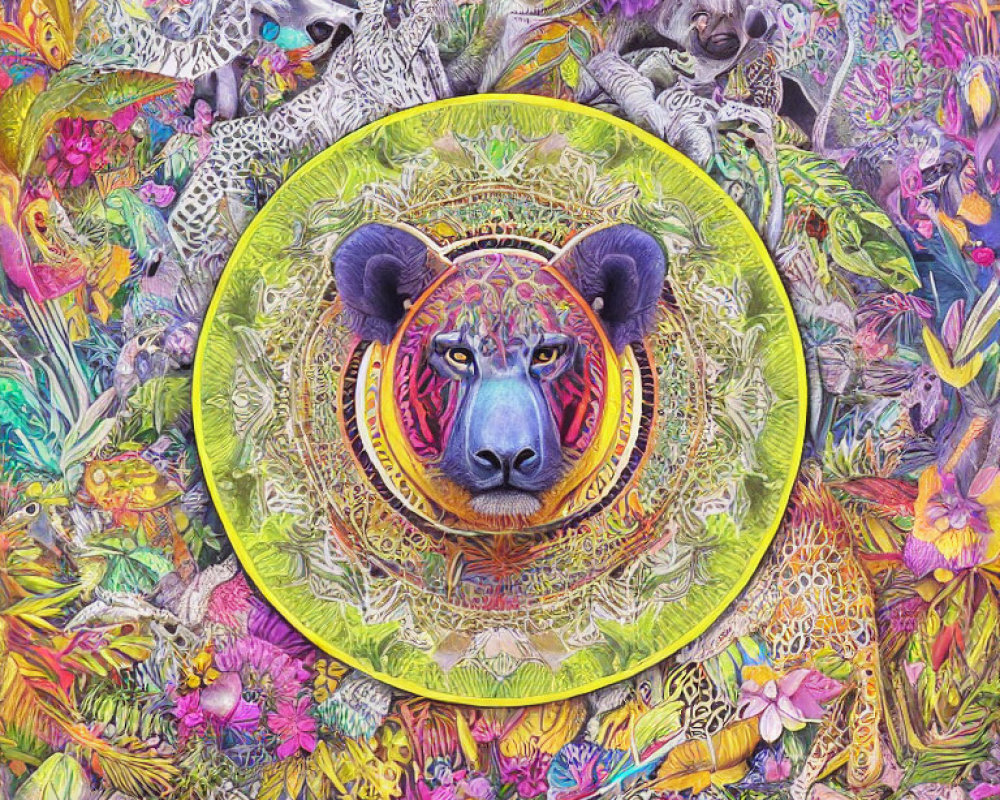 Colorful Leopard Face Surrounded by Animals and Flora in Psychedelic Style