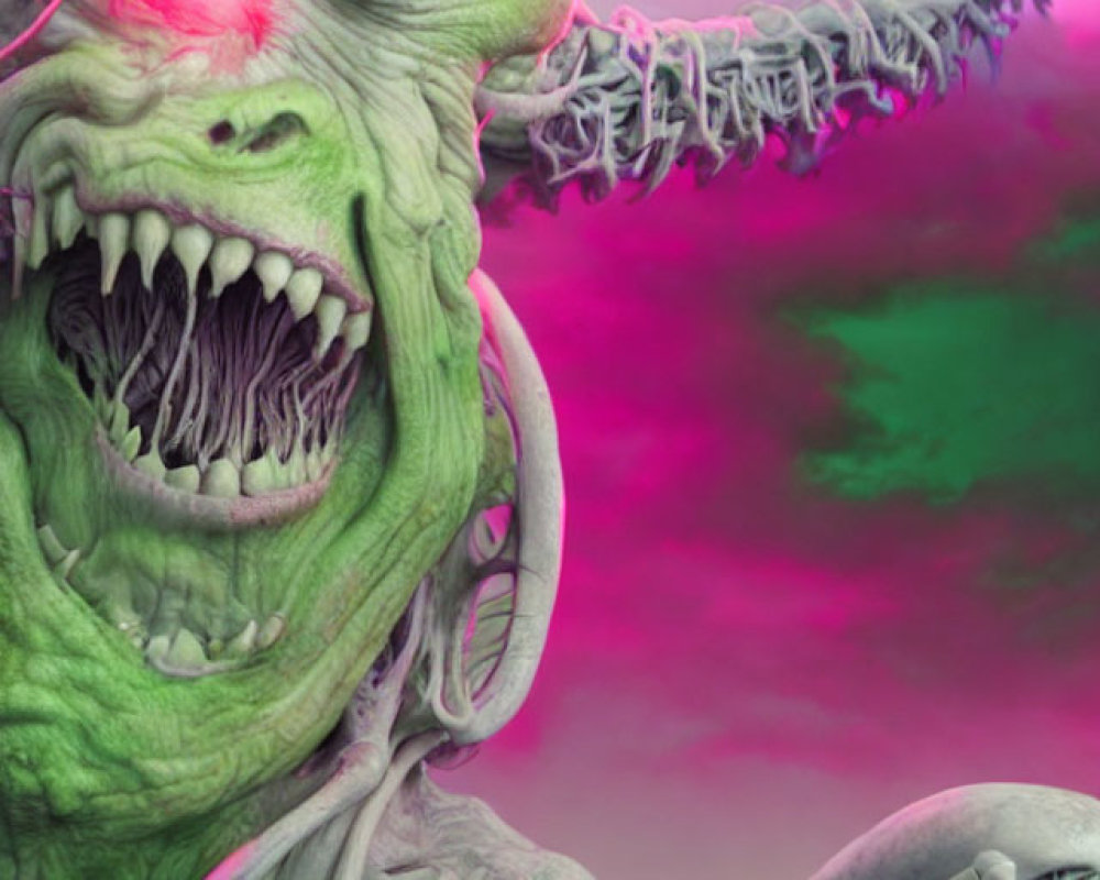 Sinister Green Monster with Glowing Eyes and Sharp Teeth on Pink Sky