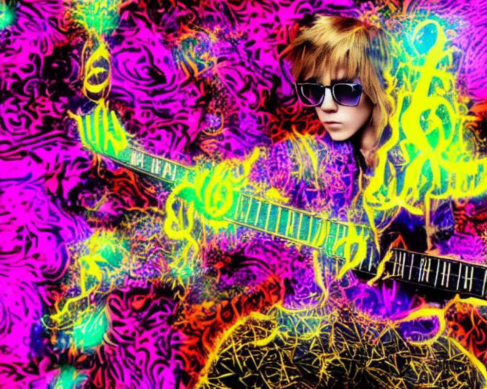 Shaggy-Haired Person in Sunglasses on Psychedelic Music Background