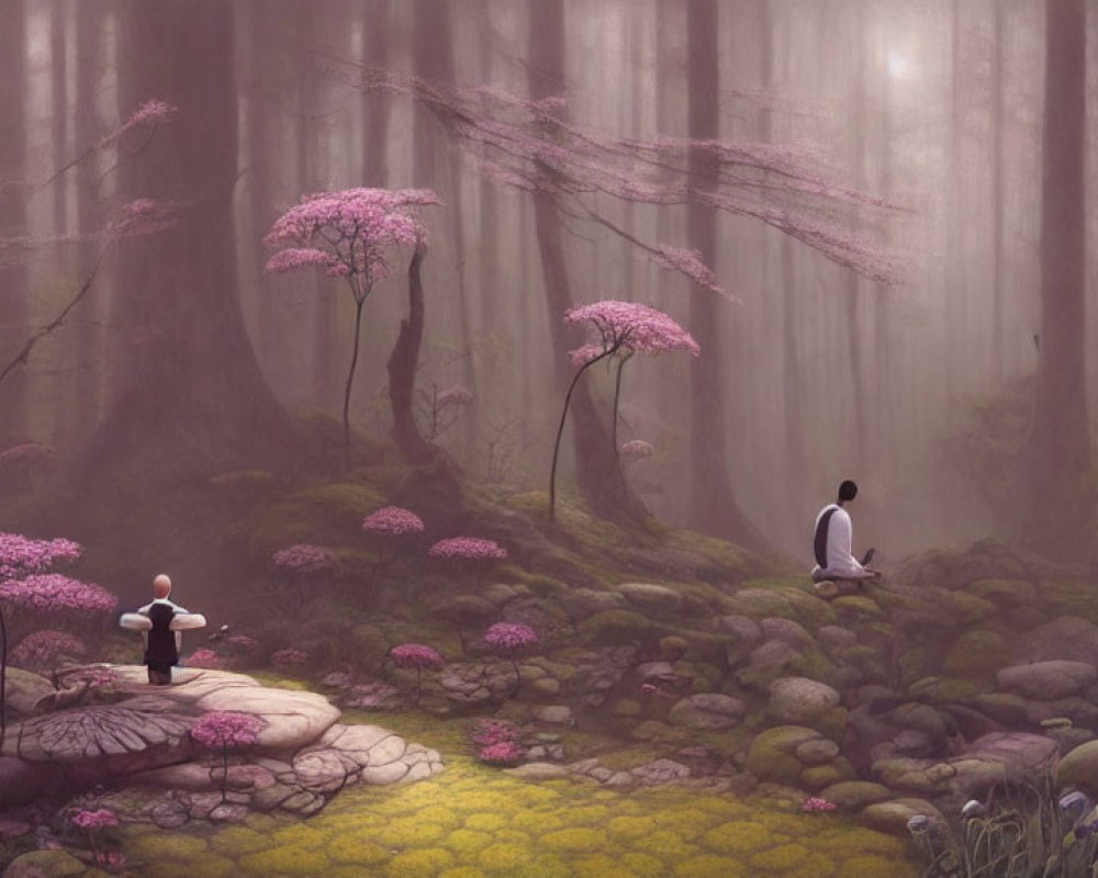 Mystical forest with pink flowering trees, martial arts and meditation in soft light.