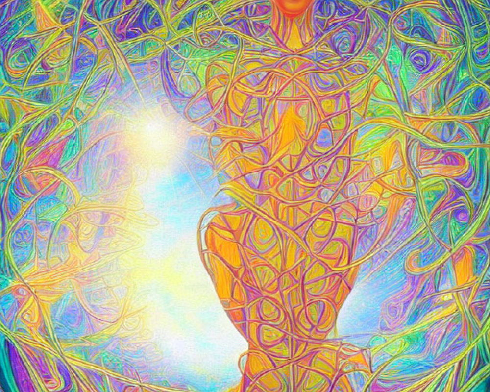 Colorful Psychedelic Art: Humanoid Figure with Large Eyes and Glowing Orb