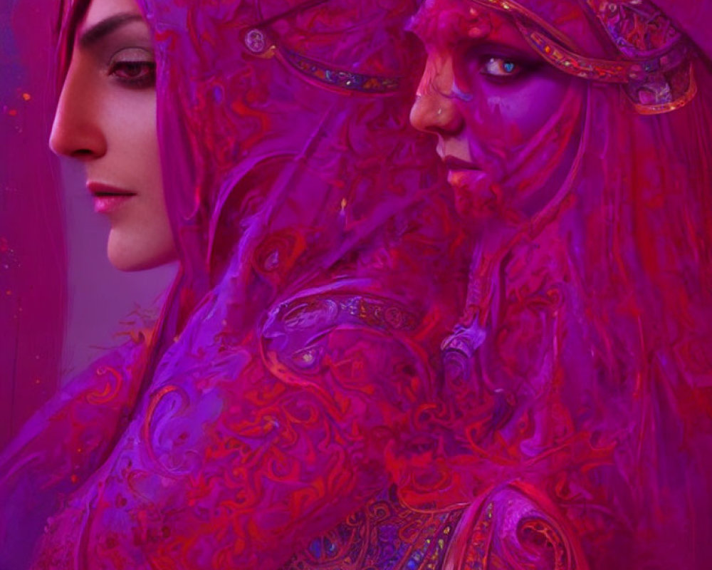 Colorful digital artwork featuring two characters in intricate purple and magenta attire.