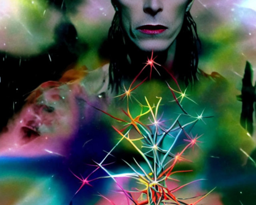 Vibrant cosmic-themed portrait with sharp features and painted lightning bolt on face