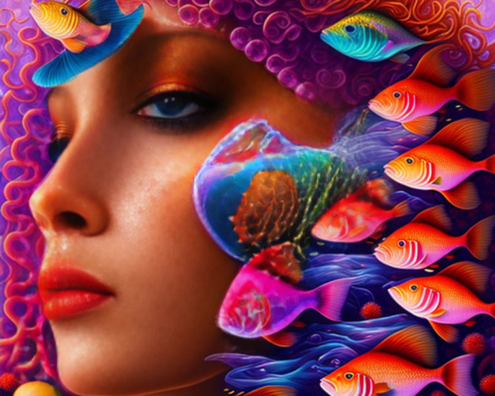 Colorful digital artwork: Woman's profile with fish and patterns