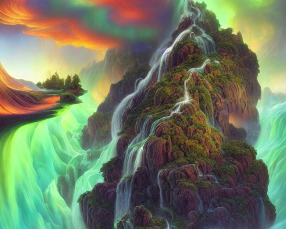 Fantasy landscape with towering waterfall and turquoise pool