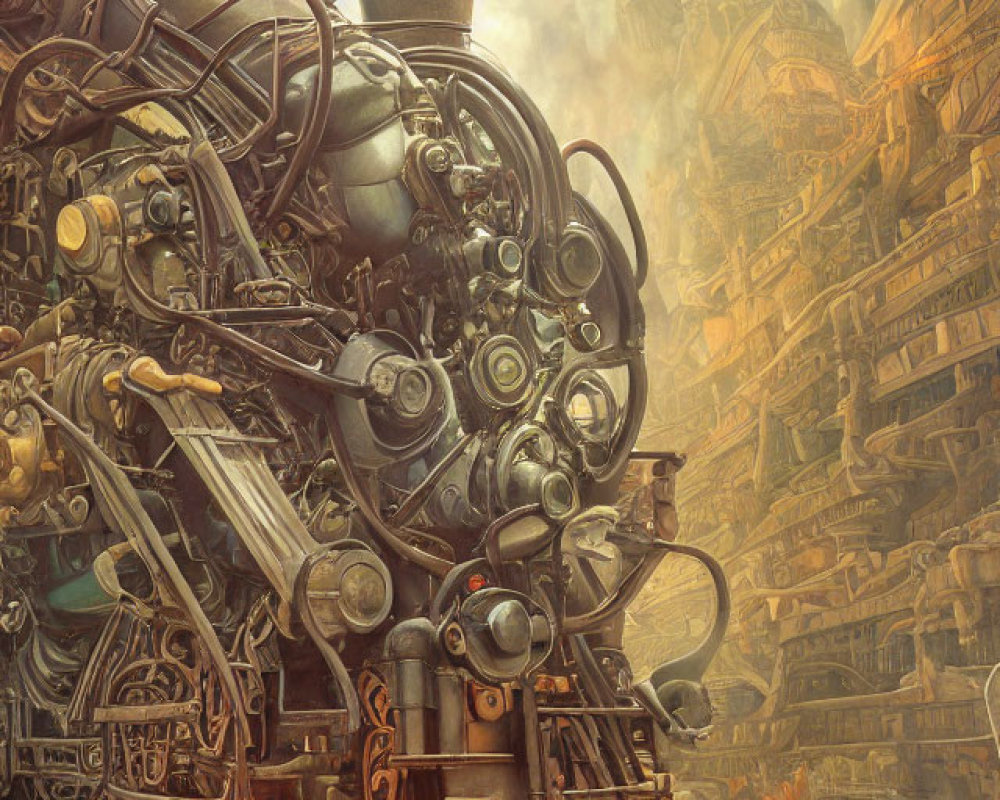 Steampunk scene with intricate machine in industrial cityscape