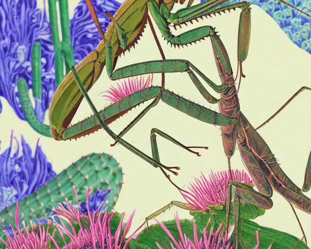 Detailed illustration: Praying mantis on greenery with purple flowers