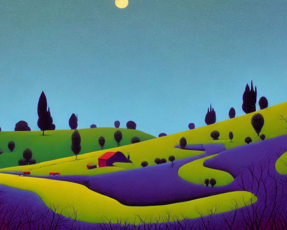 Colorful painting of rolling hills, full moon, trees, and red-roofed house