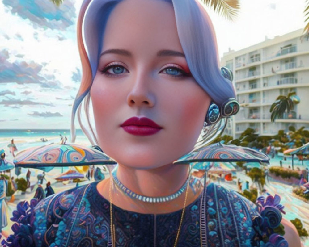 Digital Artwork: Woman with Blue Hair & Jewelry in Tropical Beach Setting