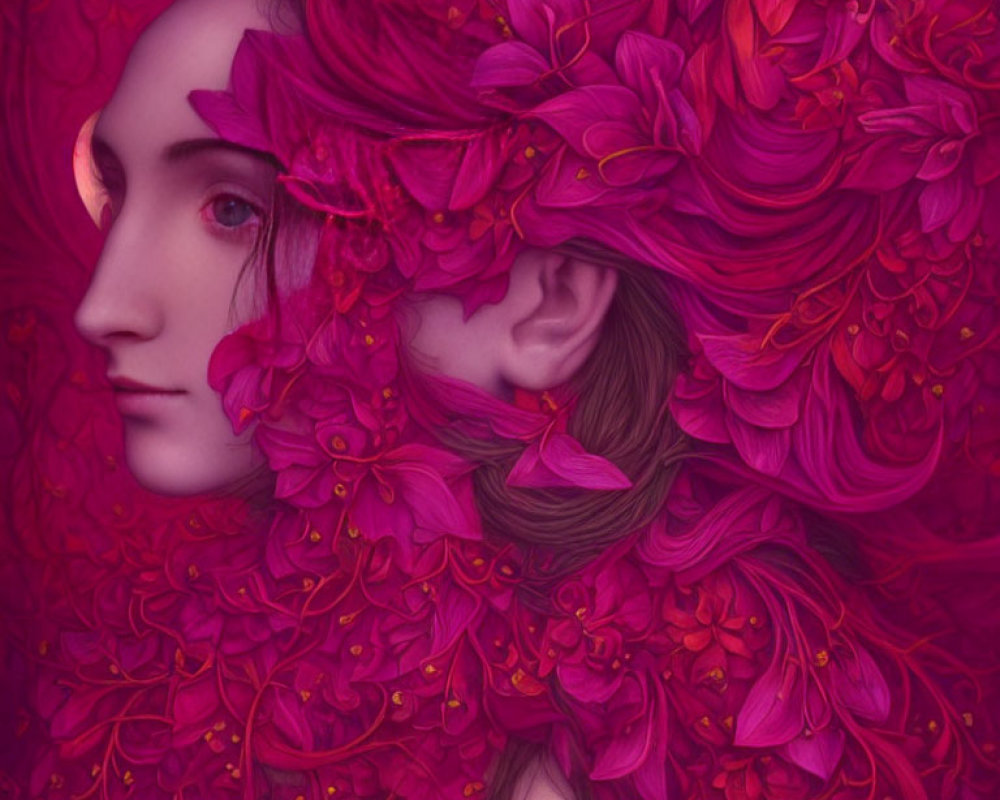 Vibrant red and purple floral hair on surreal portrait in monochromatic background