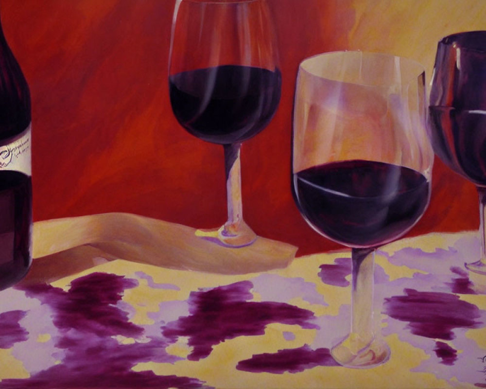 Still life painting of wine glasses and bottle on table with warm background