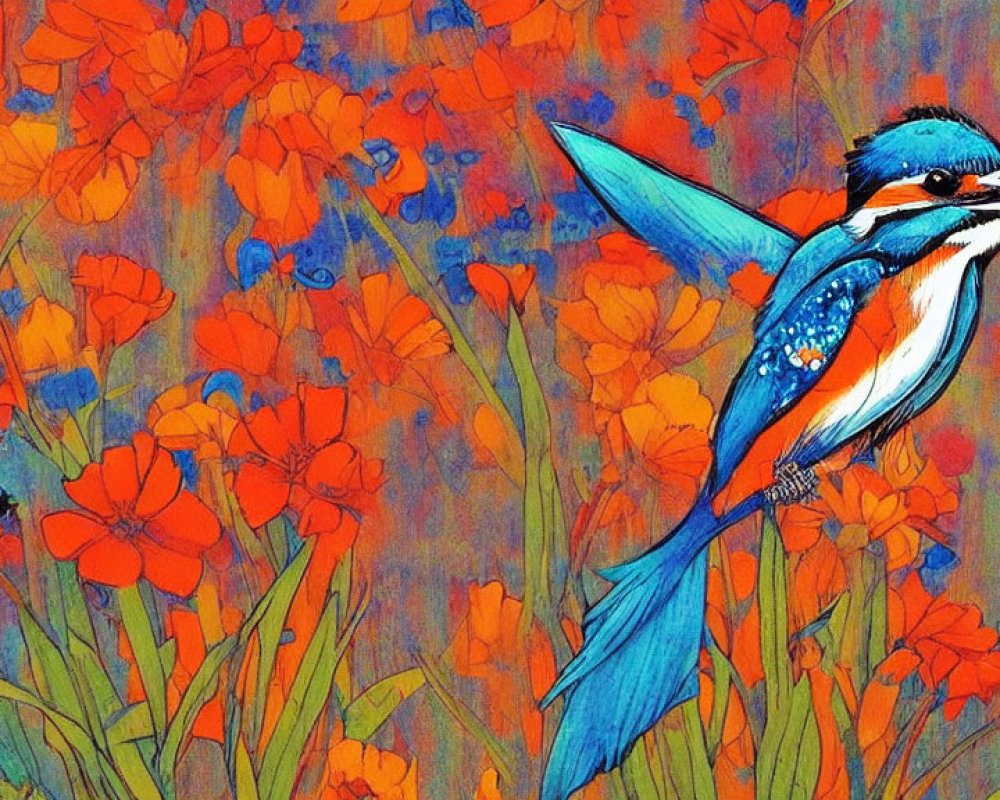 Vibrant kingfisher illustration with orange flowers on textured background