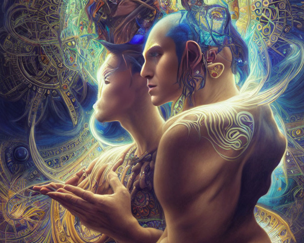 Fantasy illustration: Elven couple with intricate tattoos in cosmic backdrop