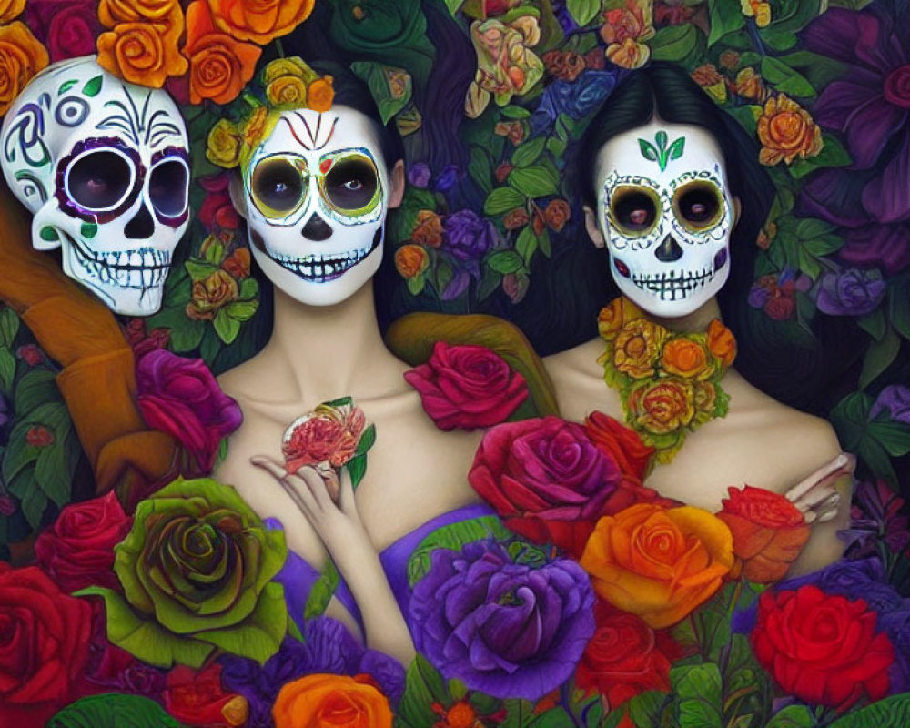 Three individuals in Day of the Dead face paint with vibrant, multicolored roses.