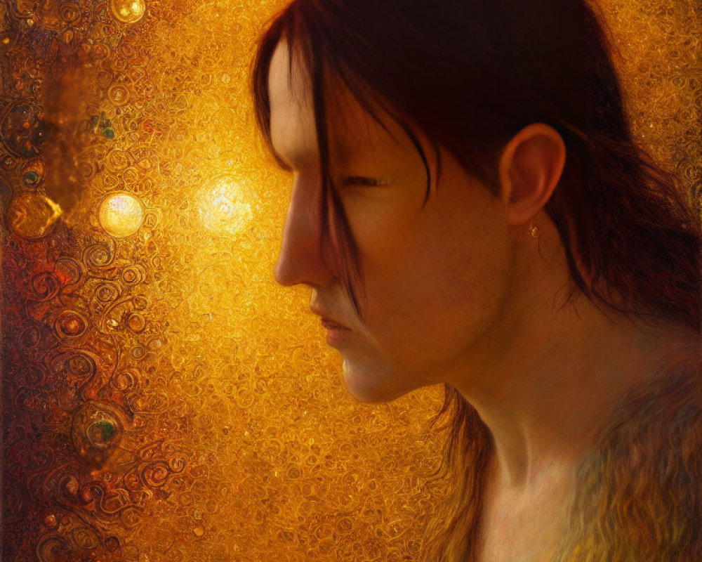 Person with Long Hair on Golden Textured Background with Circular Patterns and Light Orbs