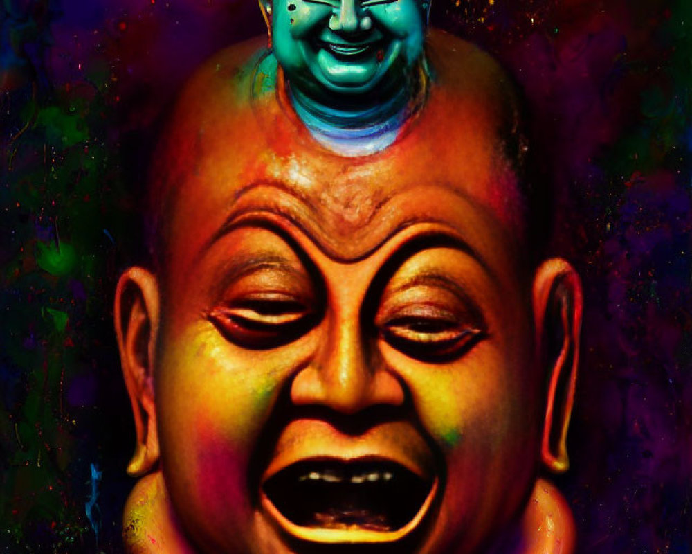 Colorful Artwork: Stacked Faces, Smiling and Open-mouthed, on Multicolored
