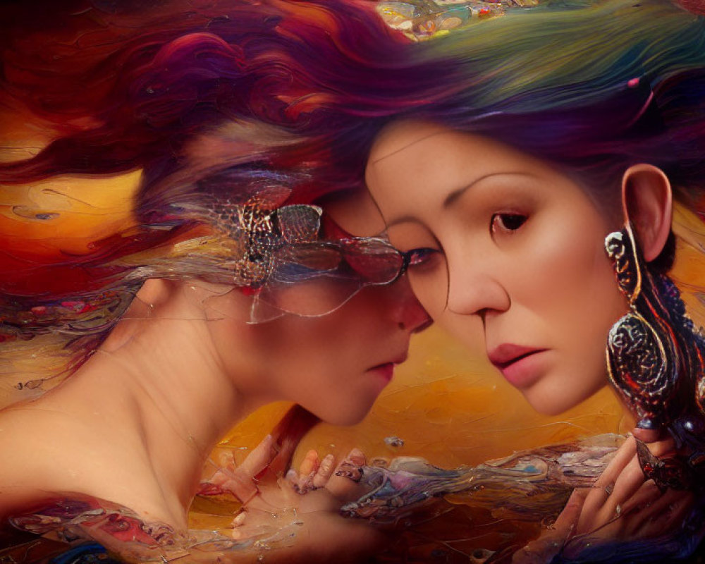 Vibrant surreal artwork: two women with colorful hair and ornate accessories