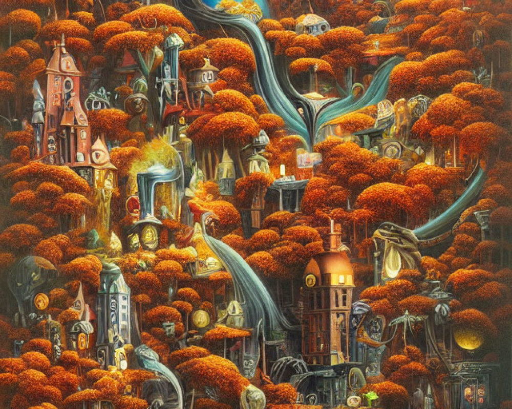 Surreal landscape with orange foliage, twisting pathways, and ornate buildings