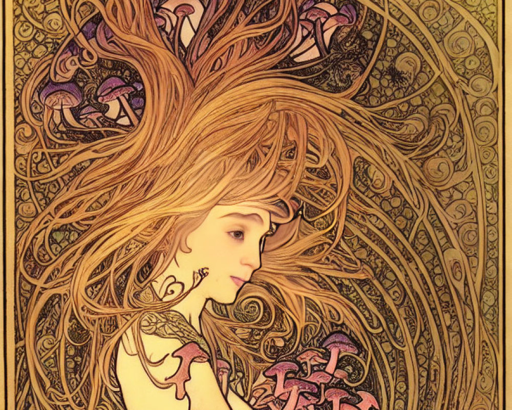 Stylized illustration of person with flowing hair and purple flowers on ornate golden background