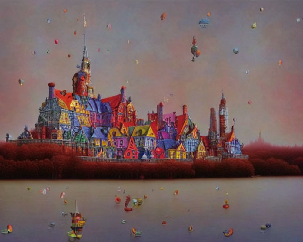 Colorful Fantastical Cityscape with Floating Elements and Balloons