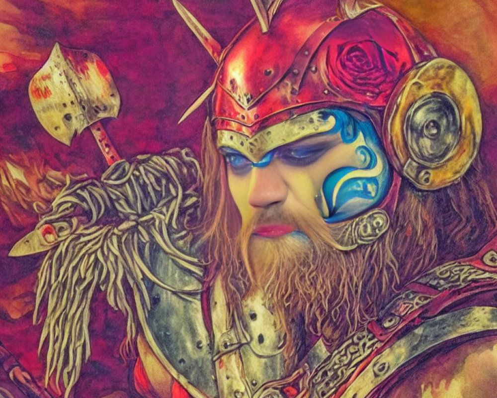 Colorful Viking warrior illustration with horned helmet and axe.