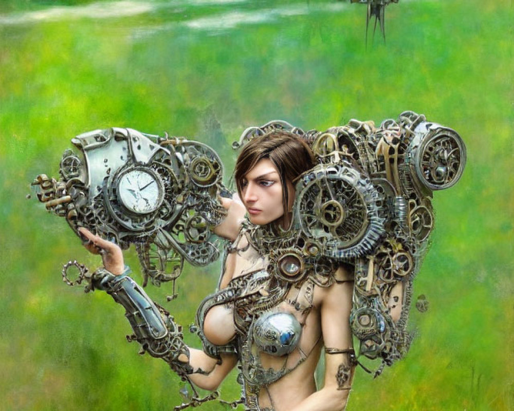 Female cyborg with intricate mechanical details in lush green background