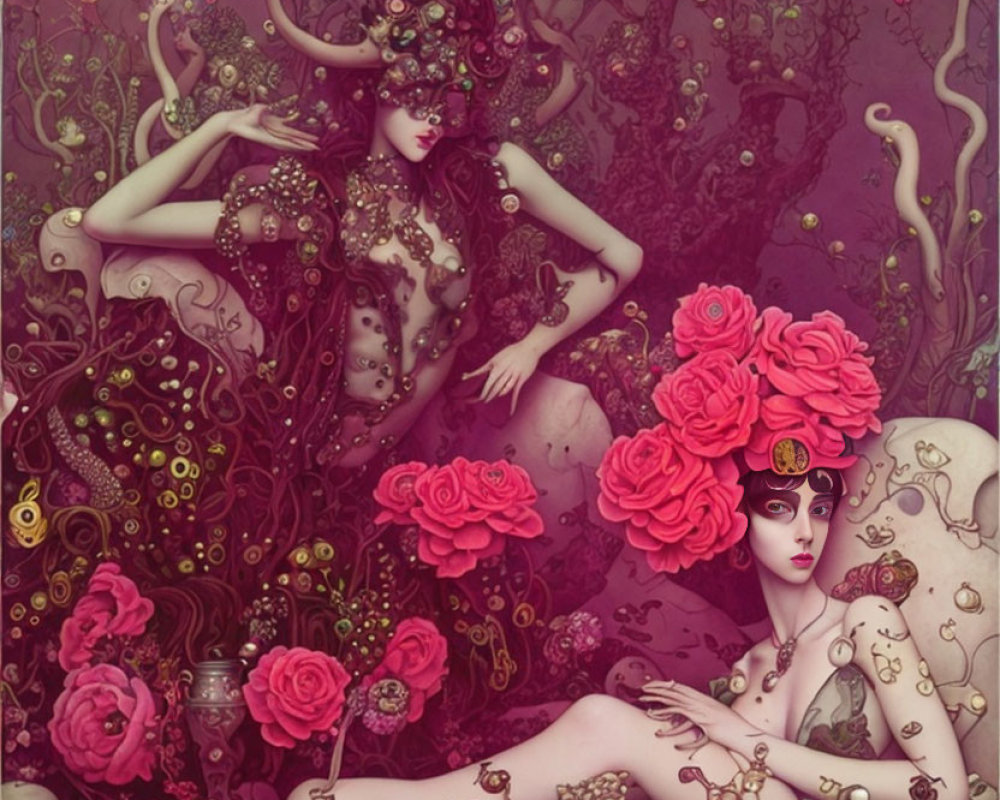 Stylized female figures in fantastical setting with roses and floral patterns