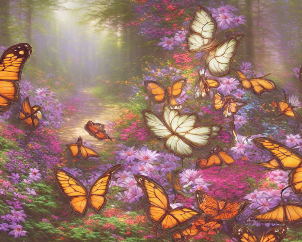 Enchanting forest scene with sunlight, butterflies, pink and purple flowers