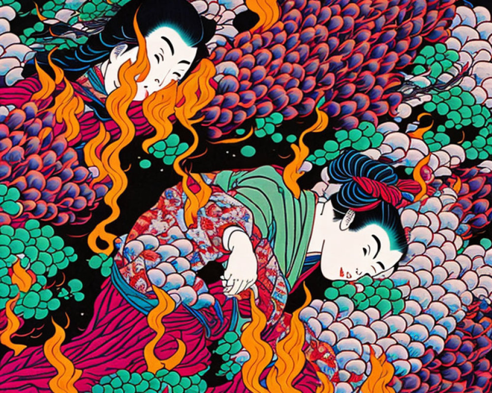 Colorful illustration of two geishas with stylized hair against black background with peony motifs