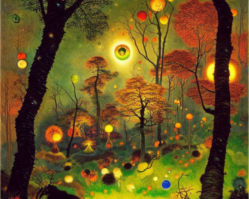 Fantastical forest scene with glowing orbs and eye-like apparition