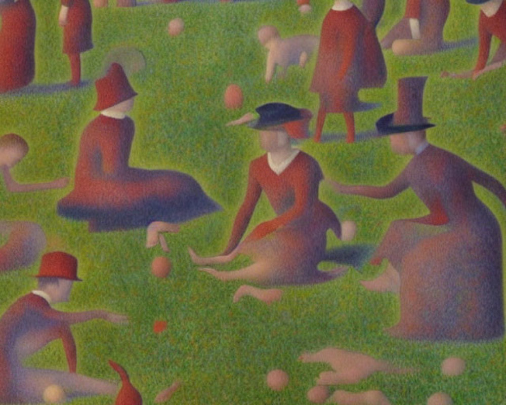 Stylized painting of faceless people in hats interacting in a park