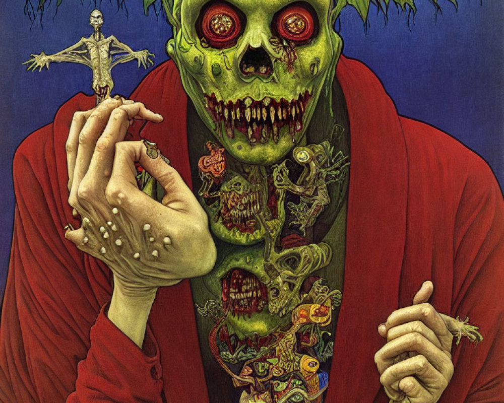 Illustration of green-skulled figure with internal creatures, red cloak, holding skeletal figure.