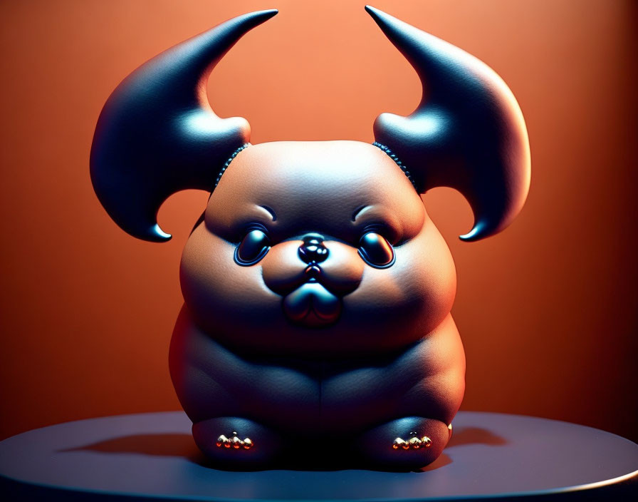 Plump dog figurine with oversized horns on orange backdrop