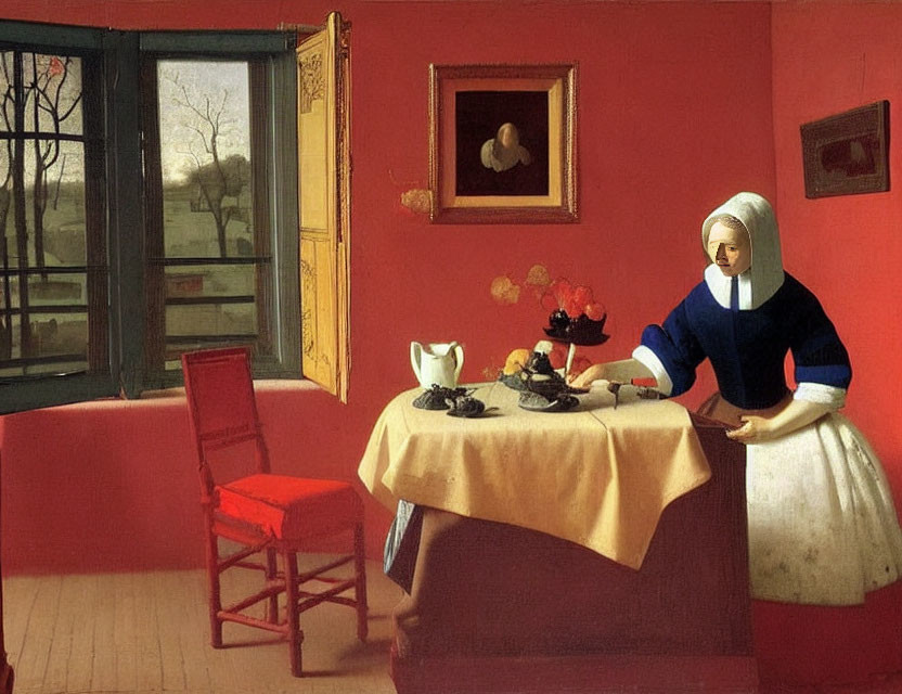 Traditional dressed woman ironing in room with large window, red chair, and painting.