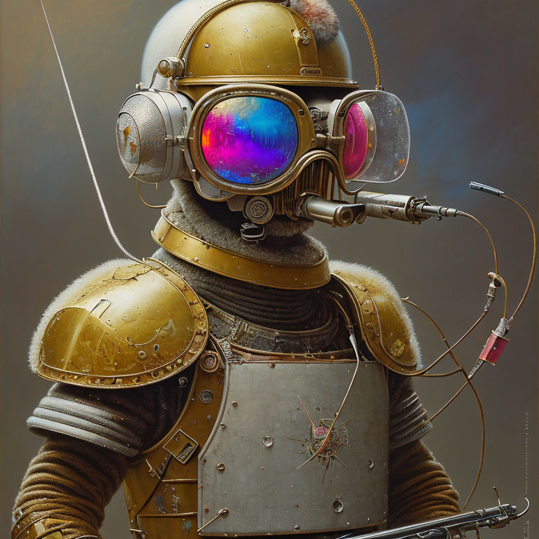 Retro-futuristic astronaut in golden helmet and vintage space suit