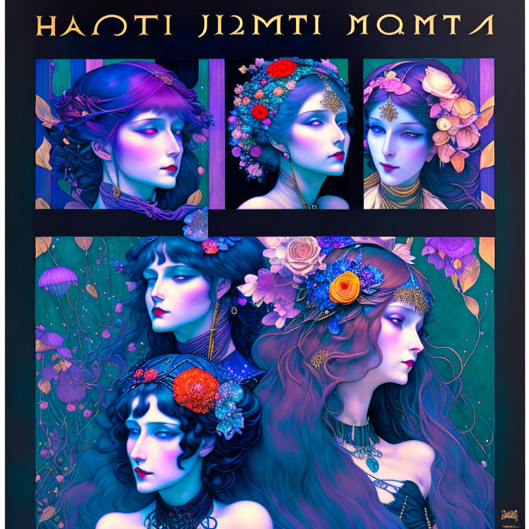 Stylized Art Nouveau portraits of women with floral headpieces in blue and purple hues.