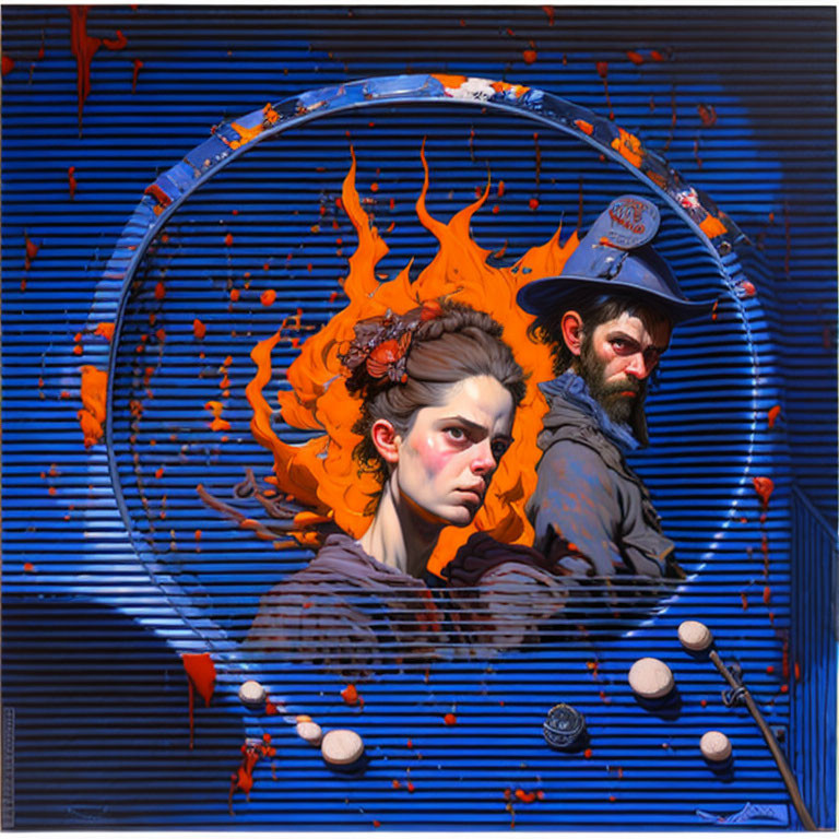 Fiery-haired woman and bearded man in hat against blue circular splash pattern