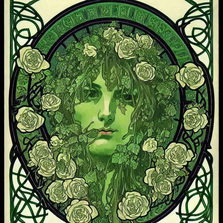 Green-toned woman's face in Art Nouveau style surrounded by vines and roses in decorative frame