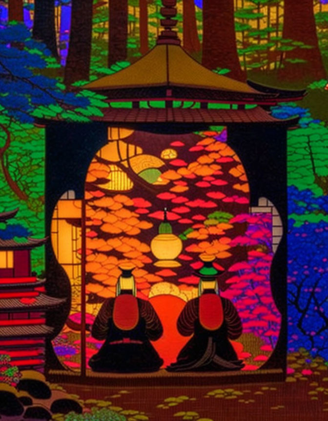 Japanese Scene with Silhouetted Figures, Colorful Foliage, Lanterns, and Temple