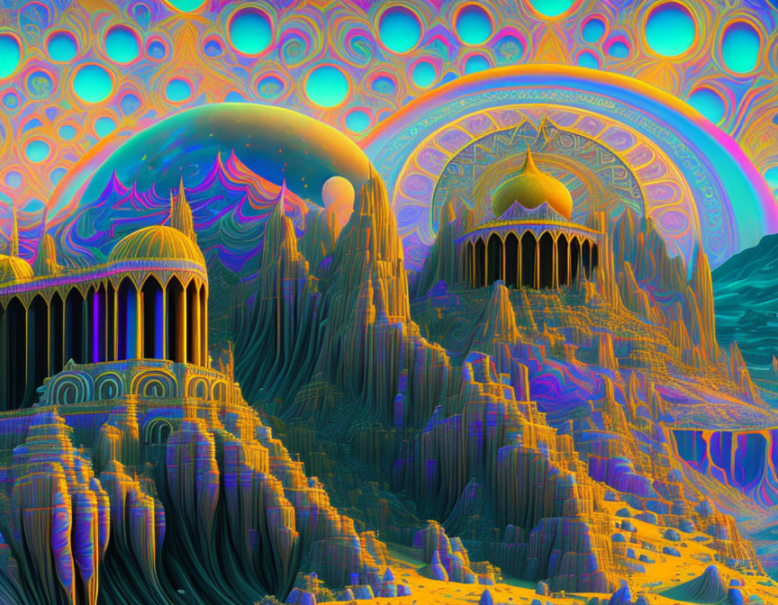 Colorful fractal patterns in a surreal cityscape under a sky of floating orbs