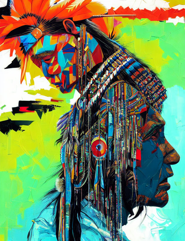 Colorful Abstract Portrait of Person in Native American Headdress