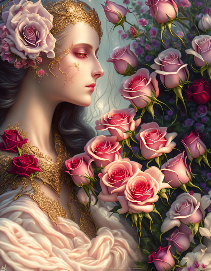 Ethereal woman with golden tiara in pink and red rose setting