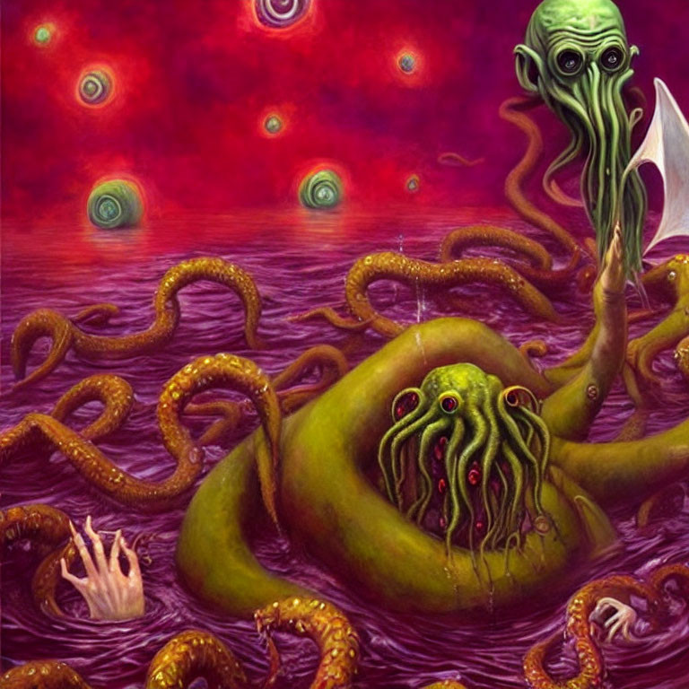 Surreal green octopus creature with humanoid figure on red backdrop