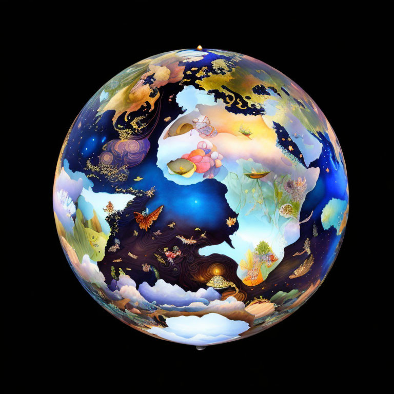 Intricate spherical artwork with vivid natural and fantastical designs