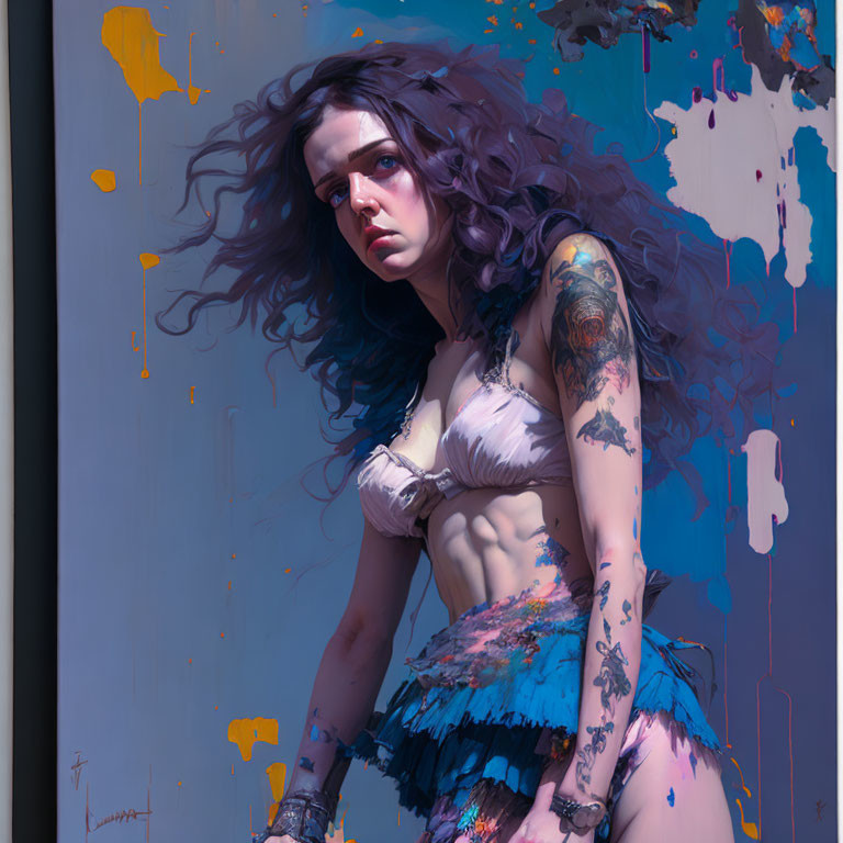 Vibrant painting of woman with flowing hair and tattoos on splattered blue and yellow backdrop