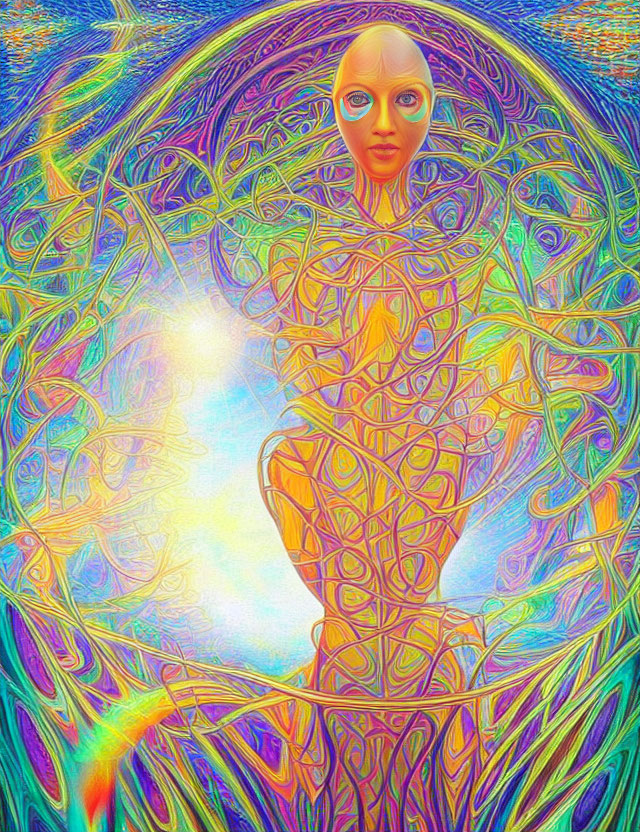 Colorful Psychedelic Art: Humanoid Figure with Large Eyes and Glowing Orb